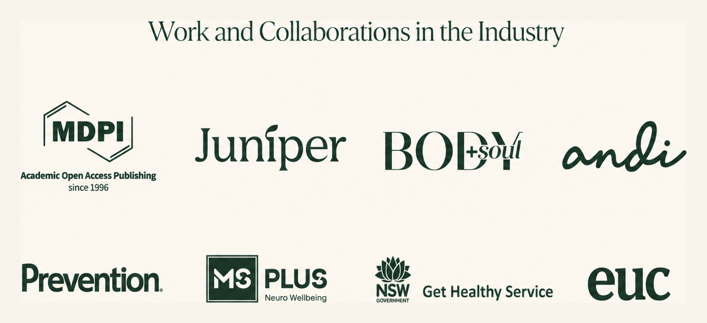 Work and collaborations in the industry: MDPI, Juniper, Body+Soul, andi, Prevention, MS Plus, NSW Get Healthy Service, euc